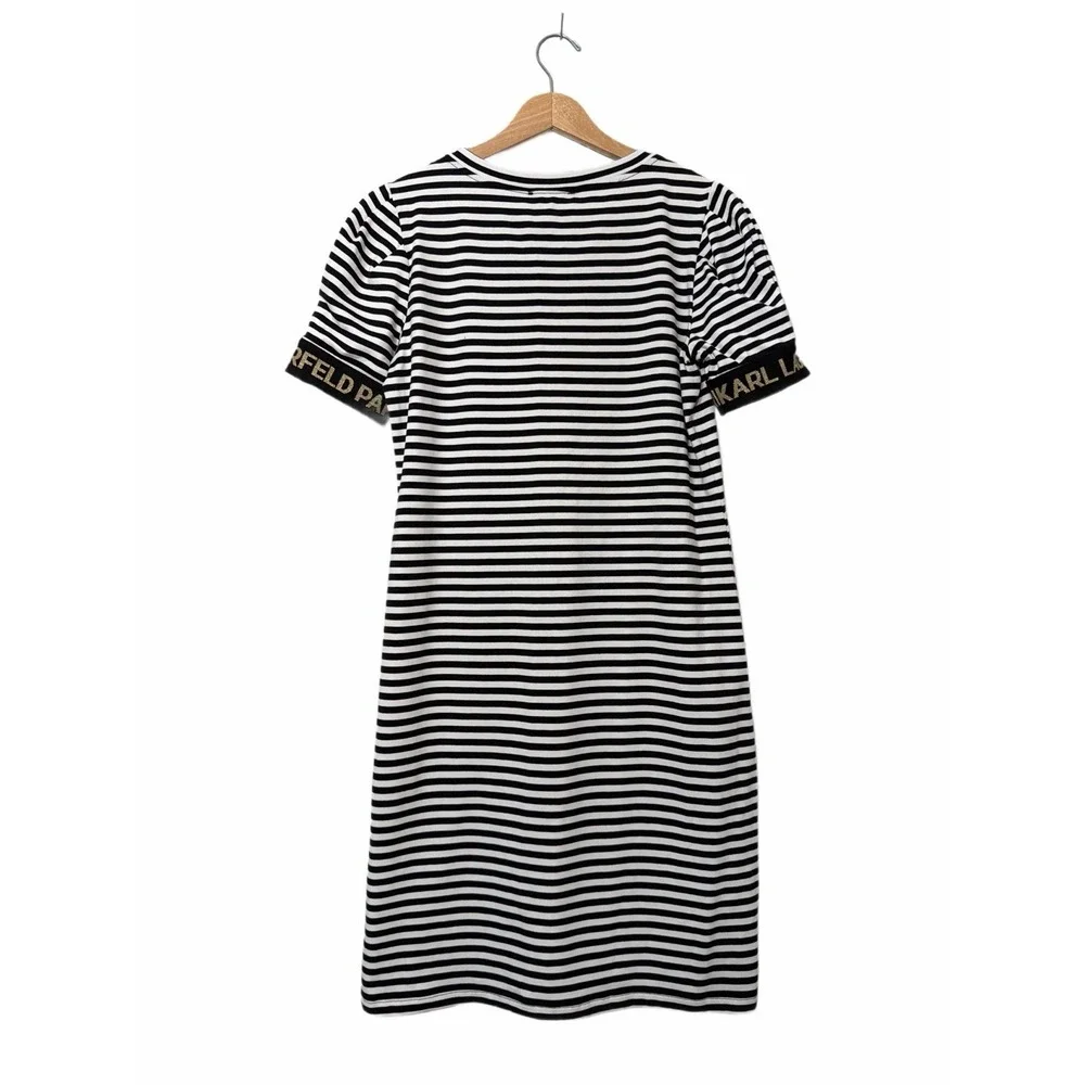 Karl Lagerfeld Paris‎ Striped Logo Tape Puff Sleeve Tshirt Dress Sz XS - Picture 7 of 11